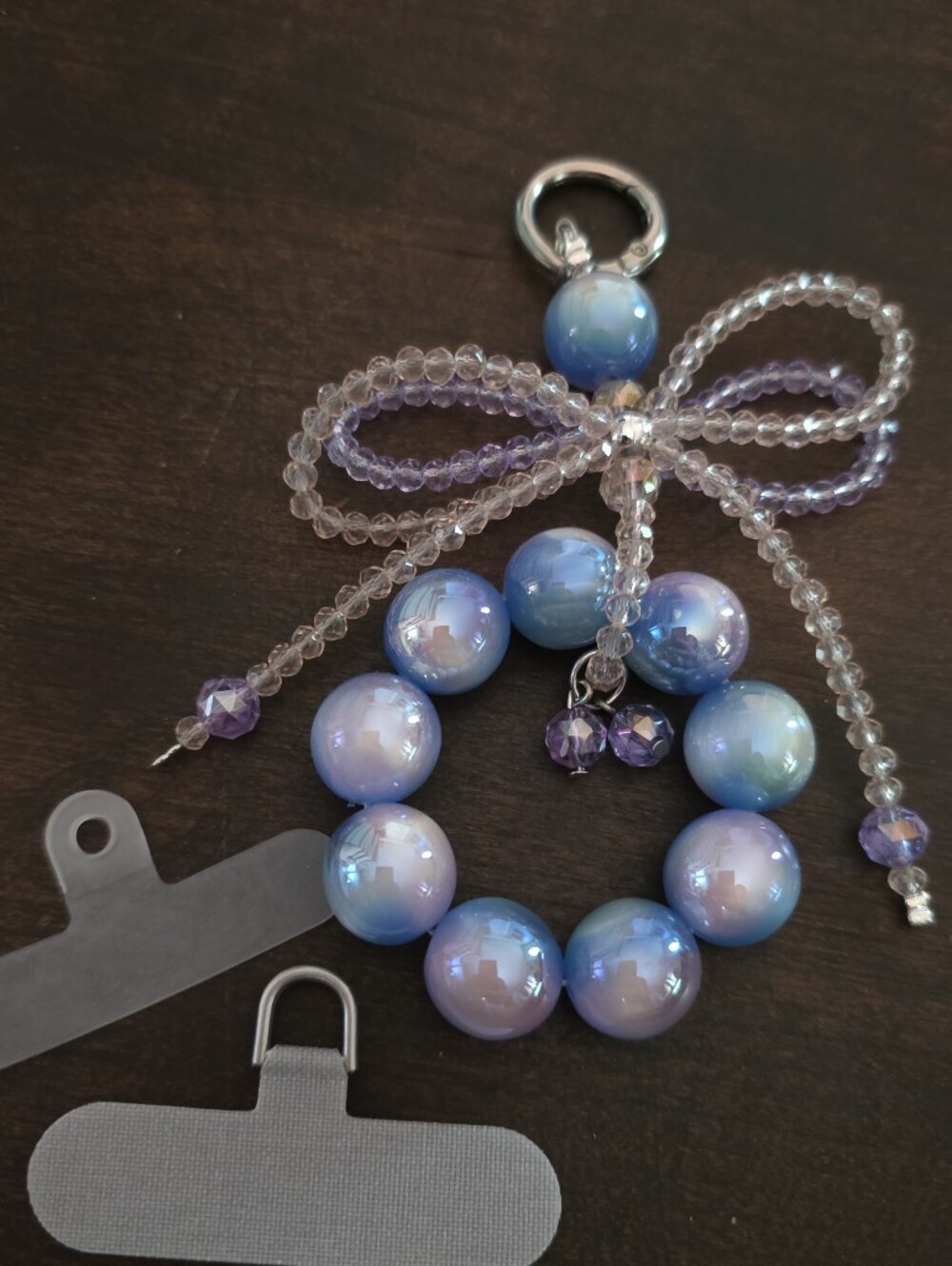 Iridescent Blue and Purple Beaded Cellphone Bracelet Charm with Bow Accent
